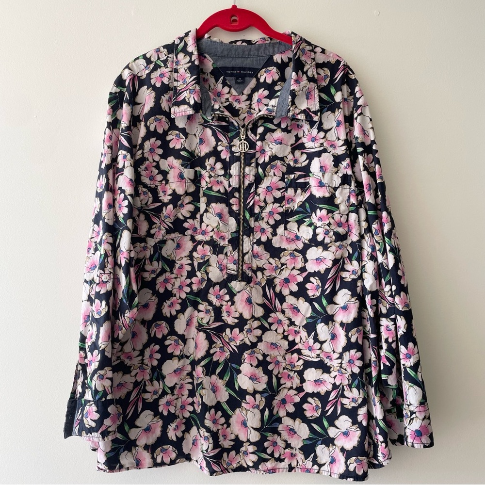Tommy Hilfiger Blue & Pink Floral Half Zip Long-Sleeved Cotton Tunic Size 2X